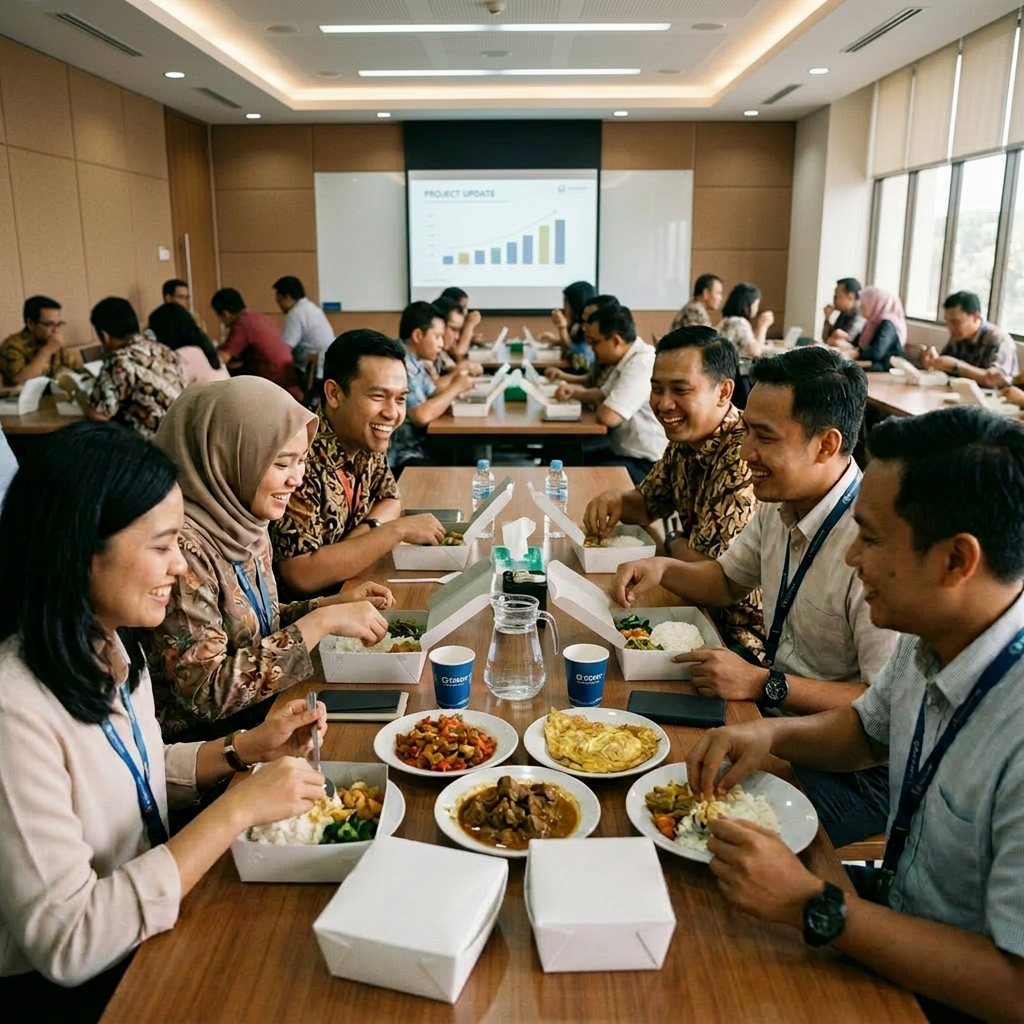 Group of coworkers eating Indonesian food together in a canteen