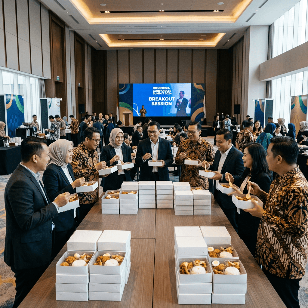 Indonesian corporate event with white-label nasi kotak