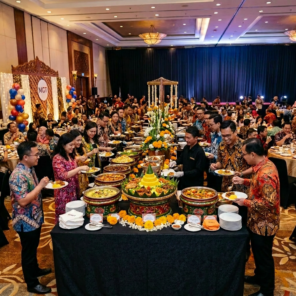 People serving themselves traditional Indonesian food at a buffet during a corporate gathering