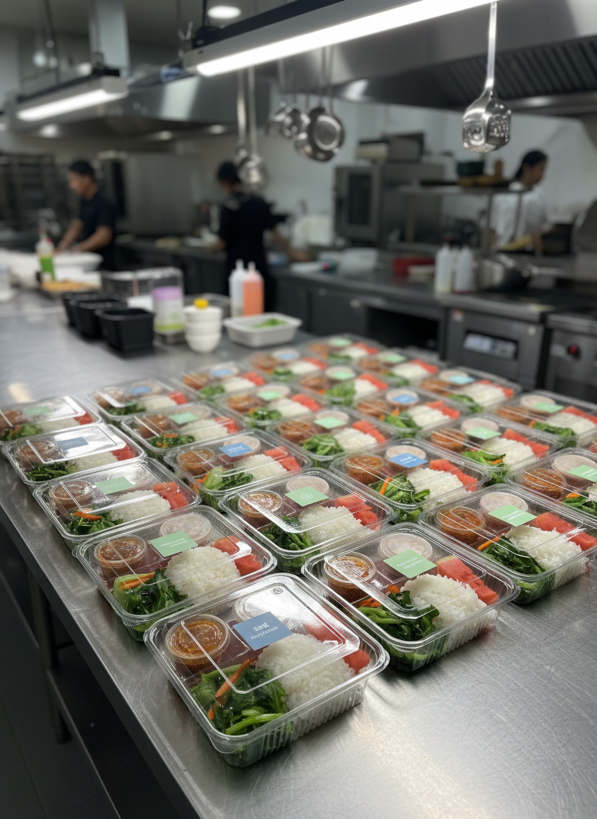 A high-resolution photographic scene of multiple stackable meal boxes arranged in a precise grid on a stainless steel preparation table, each box containing a balanced Indonesian corporate lunch set. The compartments feature fluffy white rice, stir-fried vegetables, grilled chicken, sambal in a small container, and a neatly sliced piece of fresh fruit. Small stickers on some boxes subtly highlight “SME supplier” and “woman-led business” with clean, modern typography. Overhead industrial-style LED lighting provides bright, neutral illumination, creating crisp highlights on the transparent lids and clean shadows between boxes. The background is softly out of focus, showing an orderly, modern commercial kitchen environment. Shot from a slightly elevated angle, the image has a clinical yet inviting, highly organized, professional catering aesthetic ideal for business buyers.