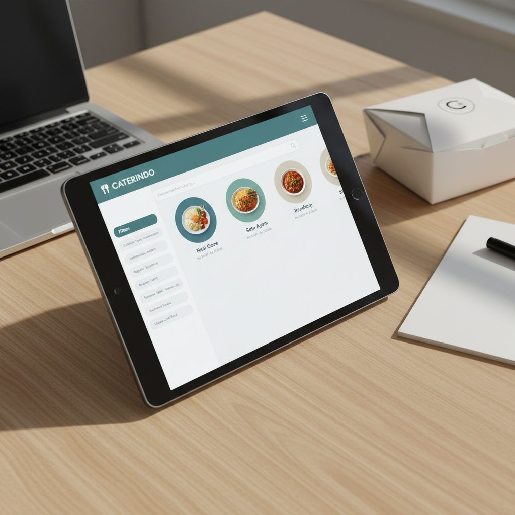 A close-up photographic shot of a sleek tablet on a light wood desk, displaying a clean, modern food aggregator dashboard for Indonesian catering services. The screen shows polished icons of neatly plated meals, clear pricing tables, and filter tags like cuisine type, region, and SME or woman-led businesses. Around the tablet are subtle business elements: a closed laptop, a simple notepad, and a branded takeaway food box with a minimalist logo. Soft, diffused daylight from an unseen window creates a calm, even illumination, with mild reflections on the tablet glass and gentle shadows along the desk edge. Captured at a slightly elevated angle with shallow depth of field, the mood is professional, efficient, and digital-forward, emphasizing technology-enabled food procurement.